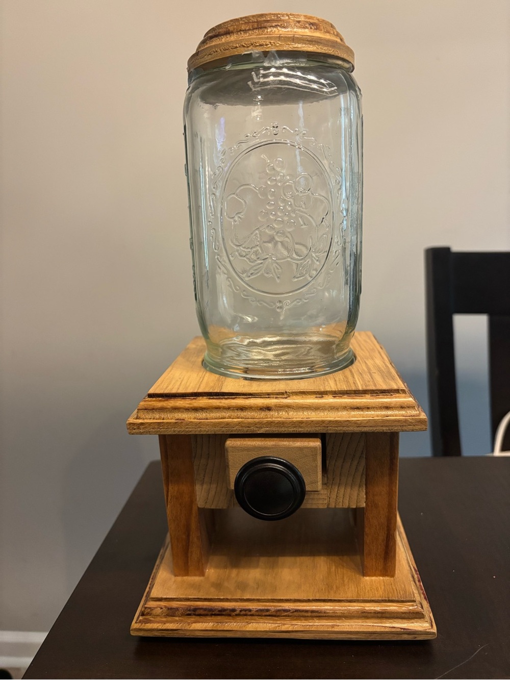 Wood Base Candy Vending Machine Dispenser, Glass Jar, Wooden Lid, Knob